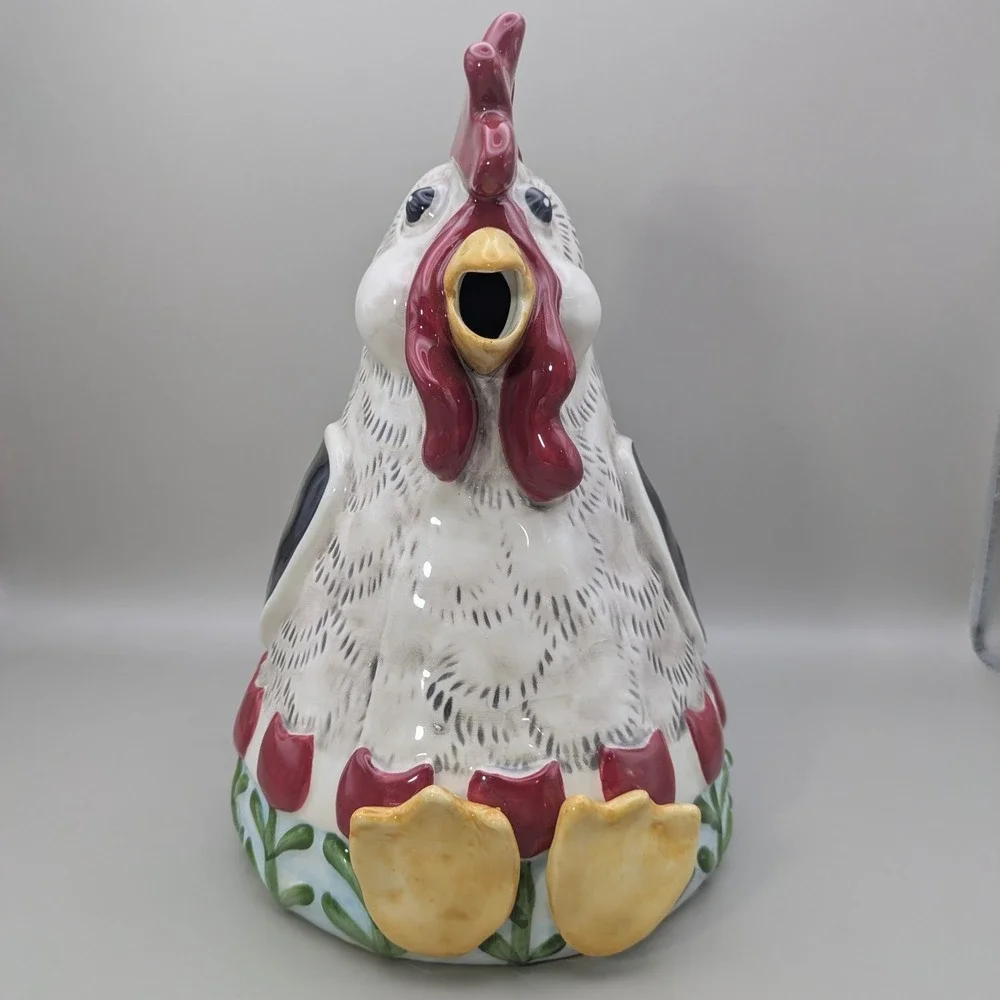 Blue Sky Heather Goldminc Rooster Teapot‎ Ceramic Farmhouse Tulip 2018 White Red
